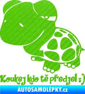 Samolepka Koukej kdo tě předjel 001 nápis se želvou 3D karbon zelený kawasaki