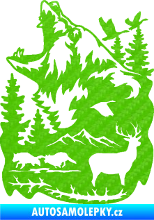 Samolepka Krajina hory 039 levá medvěd a lesní zvěř 3D karbon zelený kawasaki
