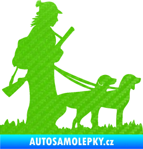 Samolepka Lov 001 pravá žena a dva psi  3D karbon zelený kawasaki