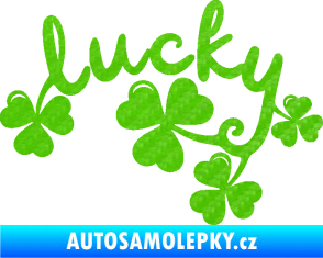 Samolepka Lucky nápis štěstí se čtyřlístky 3D karbon zelený kawasaki