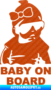 Samolepka Baby on board 001 pravá s textem miminko s brýlemi a s mašlí 3D karbon oranžový