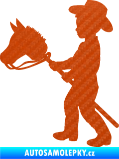 Samolepka Děti silueta 012 levá kluk s dřevěným koníkem 3D karbon oranžový