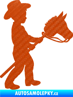 Samolepka Děti silueta 012 pravá kluk s dřevěným koníkem 3D karbon oranžový