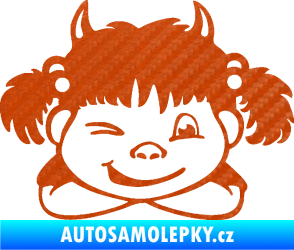 Samolepka Dítě v autě 056 pravá holčička čertice 3D karbon oranžový