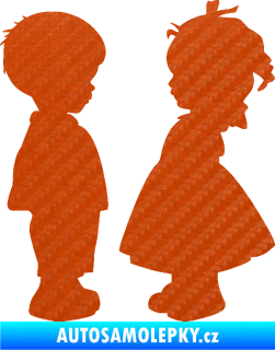 Samolepka Dítě v autě 071 pravá holčička s chlapečkem sourozenci 3D karbon oranžový