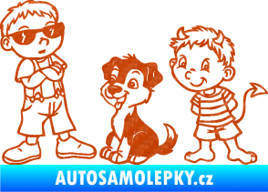 Samolepka Dítě v autě 104 levá dva kluci a pes 3D karbon oranžový