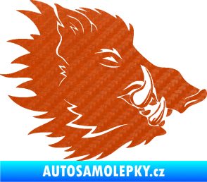 Samolepka Divoké prase 001 pravá kanec hlava 3D karbon oranžový