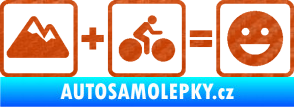 Samolepka Hory + kolo = veselý smajlík cyklista na horách 3D karbon oranžový