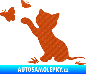 Samolepka Kočka 037 levá s motýlky 3D karbon oranžový