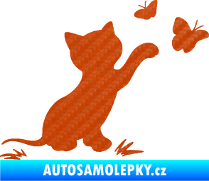 Samolepka Kočka 037 pravá s motýlky 3D karbon oranžový