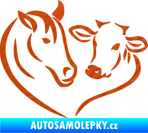 Samolepka Kůň s kravičkou v srdíčku levá láska ke zvířatům 3D karbon oranžový