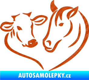Samolepka Kůň s kravičkou v srdíčku pravá láska ke zvířatům 3D karbon oranžový