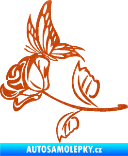 Samolepka Květina dekor 030 levá růže s motýlkem 3D karbon oranžový