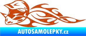 Samolepka Motorka 011 levá helma na motokros v plamenech 3D karbon oranžový
