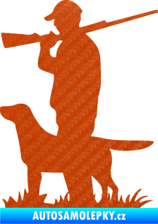 Samolepka Myslivec 005 levá se psem na lovu 3D karbon oranžový