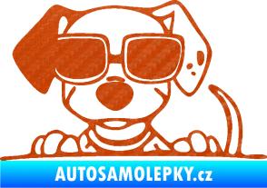 Samolepka Pes s brýlemi 101 levá v autě 3D karbon oranžový