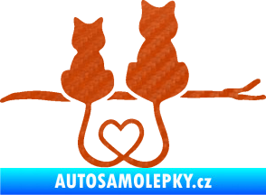 Samolepka Zamilované kočky spojené ocásky pravá 3D karbon oranžový