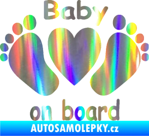 Samolepka Baby on board 004 s textem nožičky se srdíčkem Holografická