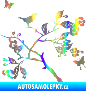 Samolepka Interiér 005 pravá  větvička s ptáčkem a motýlky Holografická