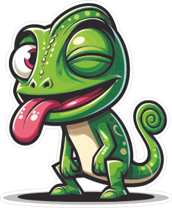 Barevný chameleon 008 levá mrká s vyplazeným jazykem