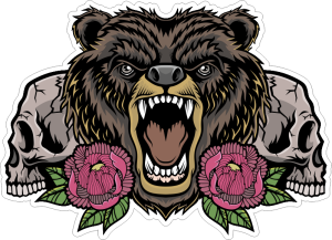 Barevný medvěd 002 lebky a růže